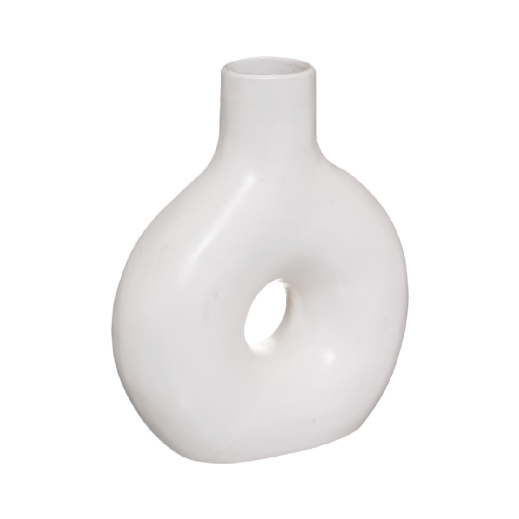 Modern White Ceramic Donut Vase with Unique Design**